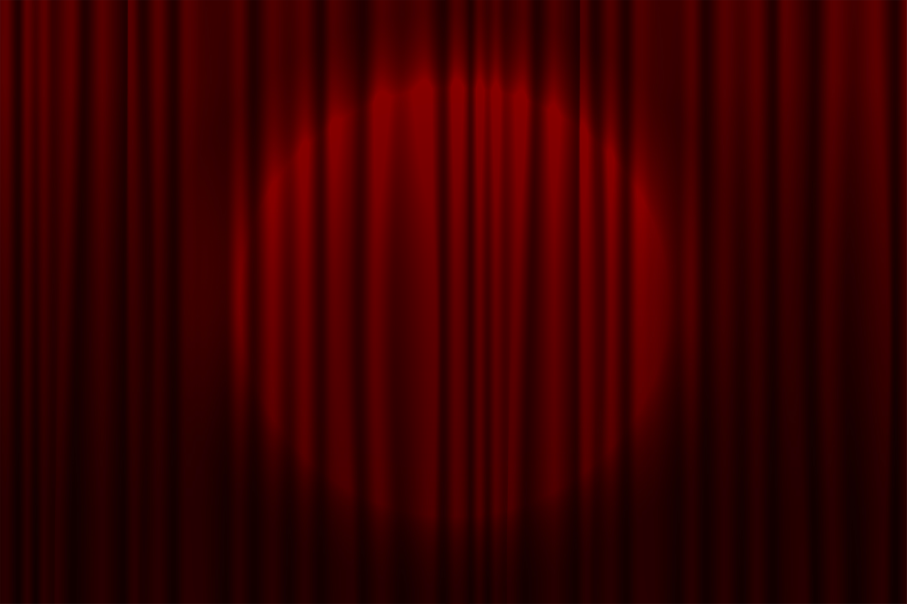 Fundo cinematográfico vinho com linhas douradas evocando o teatro musical